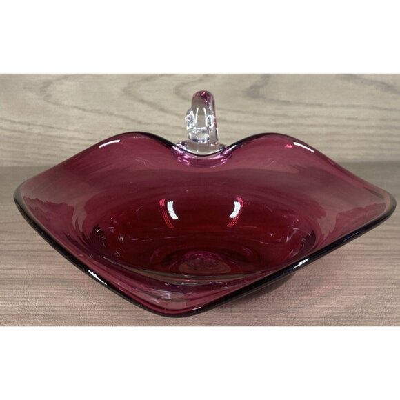 Pilgrim Cranberry Art Blown Glass Bowl Nappy Candy Dish Clear Spiral Handle - Picture 2 of 9